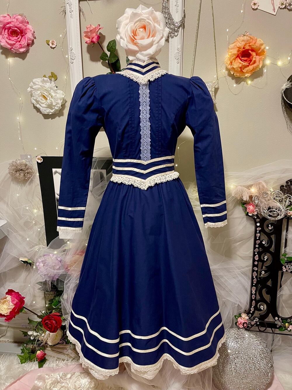 Vintage Gunne Sax Navy Cottagecore Dress Victorian Girl Midi Pockets Size 10